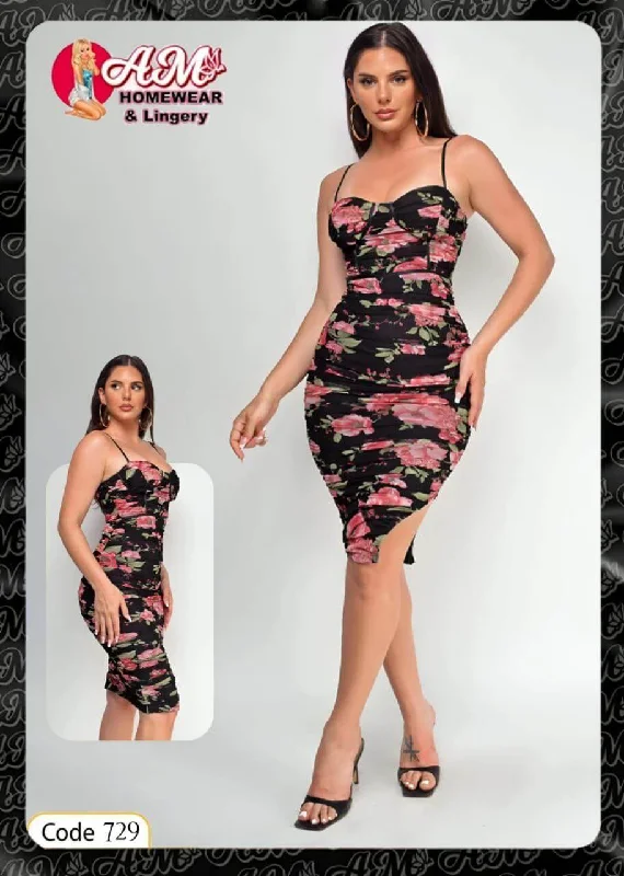 Black Pink Floral Mesh Ruched Midi Dress