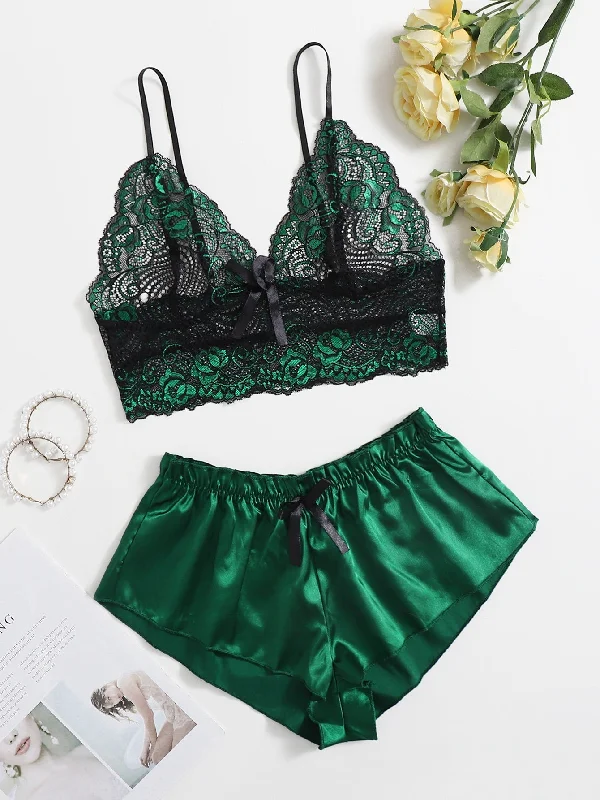 Classic Sexy Floral Lace Bralette With Satin Shorts