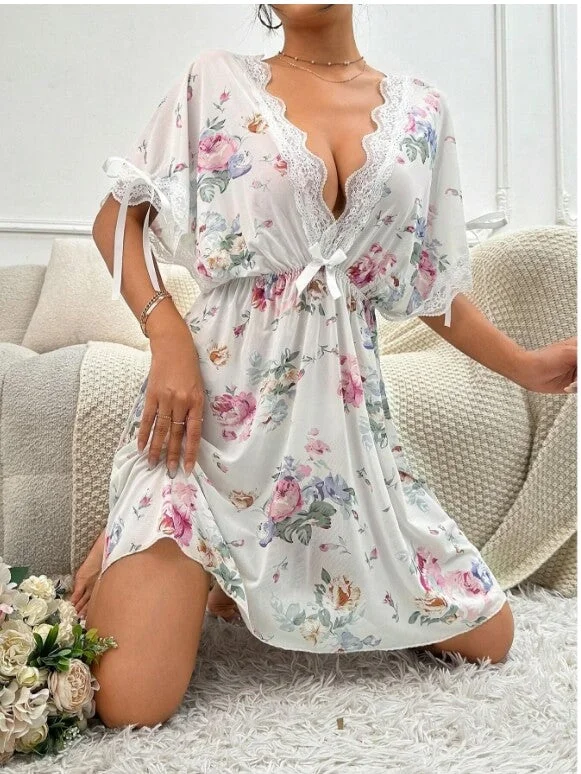 Nightgown with Flower Pattern, Contrast Lace, Batwing Sleeves, Knot, Mesh