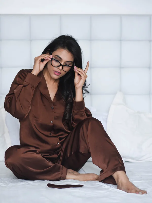 CHOCOLATE SATIN NOTCHED COLLAR NIGHTWEAR SET