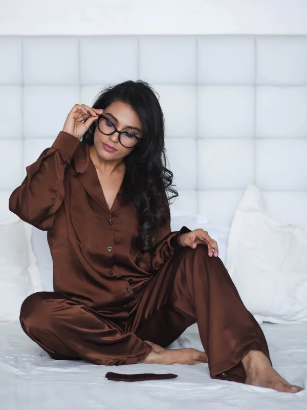 CHOCOLATE SATIN NOTCHED COLLAR NIGHTWEAR SET