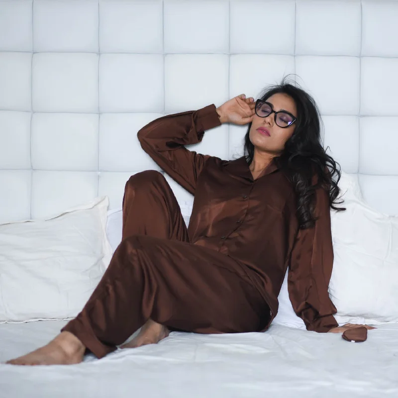 CHOCOLATE SATIN NOTCHED COLLAR NIGHTWEAR SET