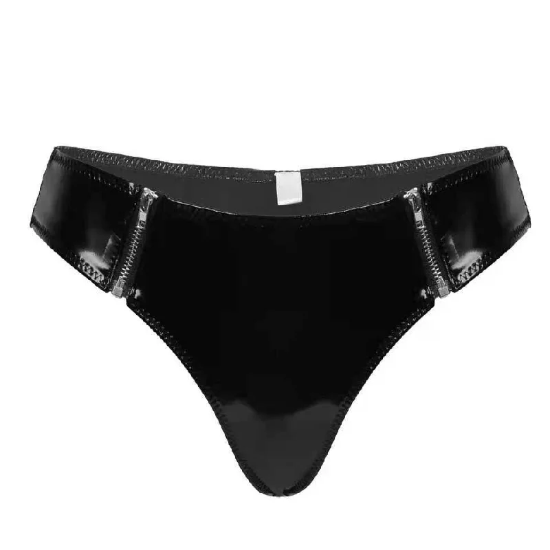 High-gloss PVC patent leather sexy zipper open sexy shorts panties