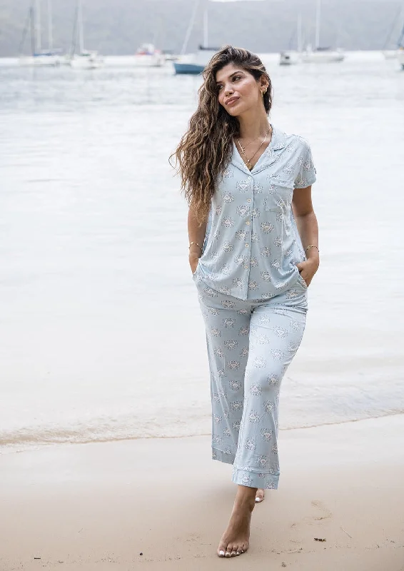 Ladies Button Up Cropped Pant Set - CRAB