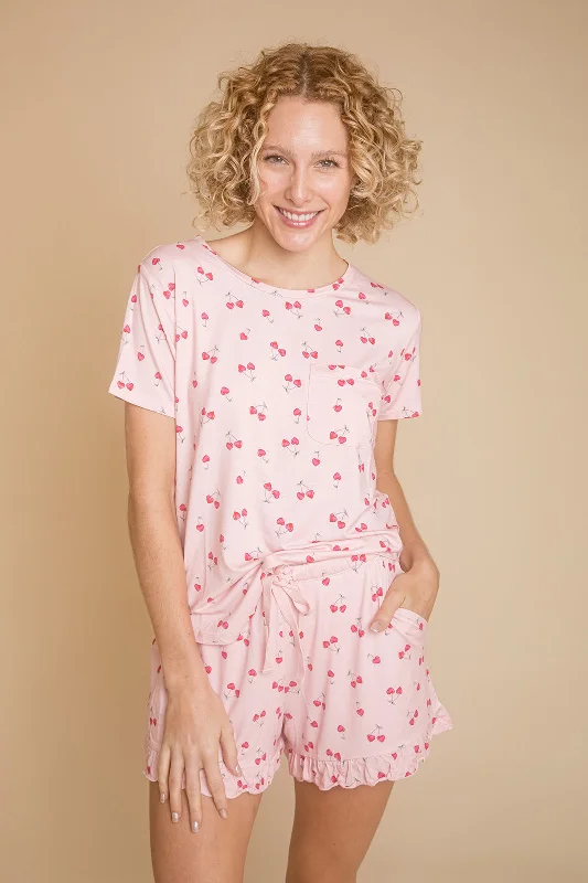 Ladies Ruffled Short Set - PINK CHERRY HEART