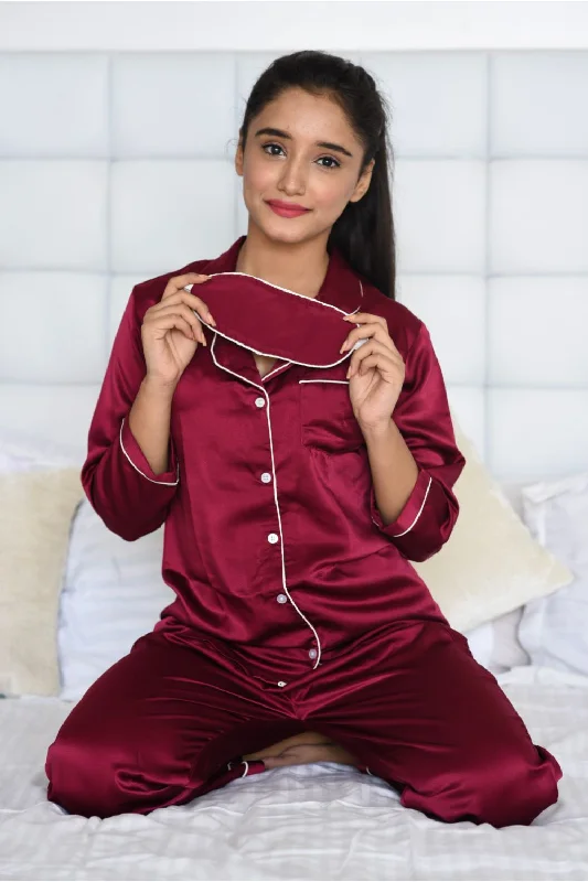 Maroon Notched Collar Satin Nightwear Set