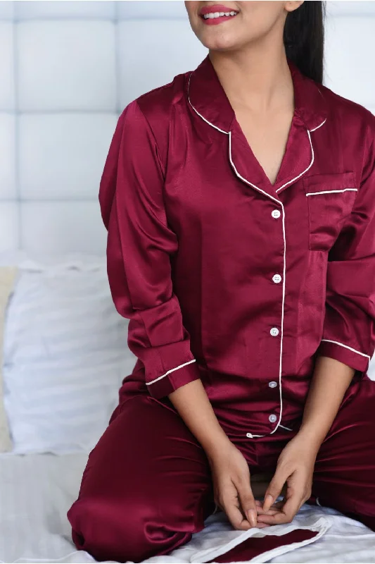 Maroon Notched Collar Satin Nightwear Set