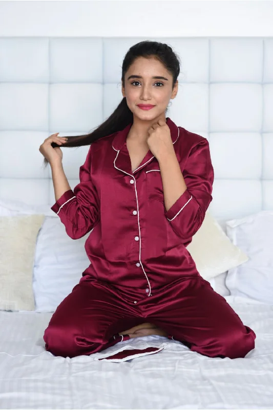 Maroon Notched Collar Satin Nightwear Set