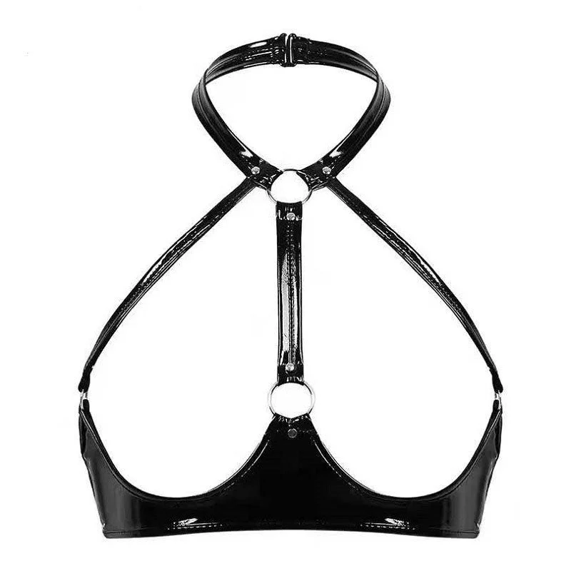 PVC high-gloss patent leather sexy leather bra with adjustable straps