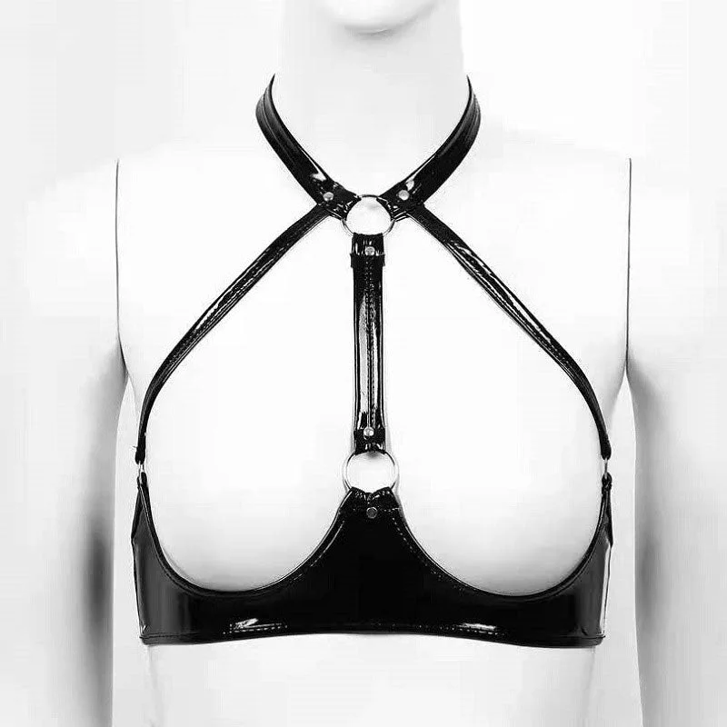 PVC high-gloss patent leather sexy leather bra with adjustable straps