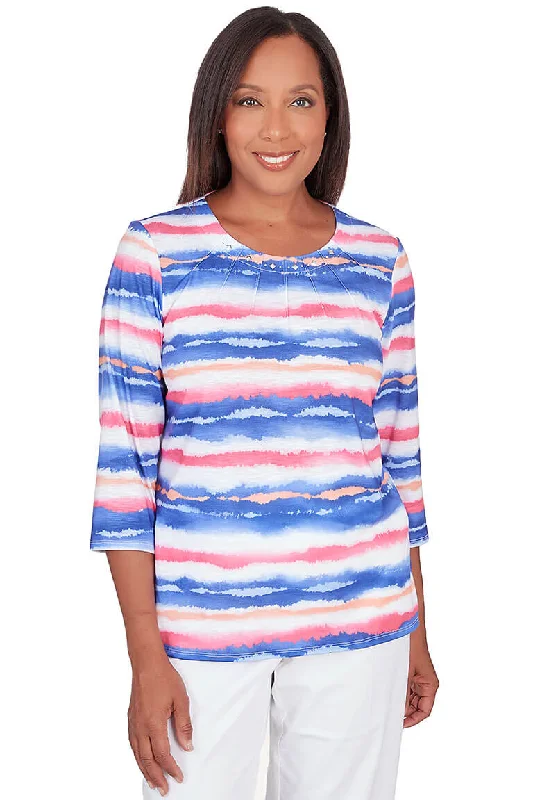 Petite Watercolor Stripe Pleated Neck Knit Top