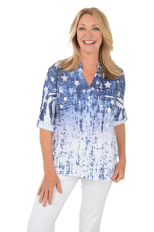 Petite Blue Stars Roll Sleeve Top