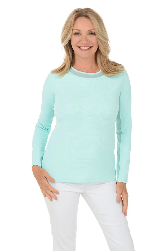 Mesh Neck Long Sleeve Pique Top