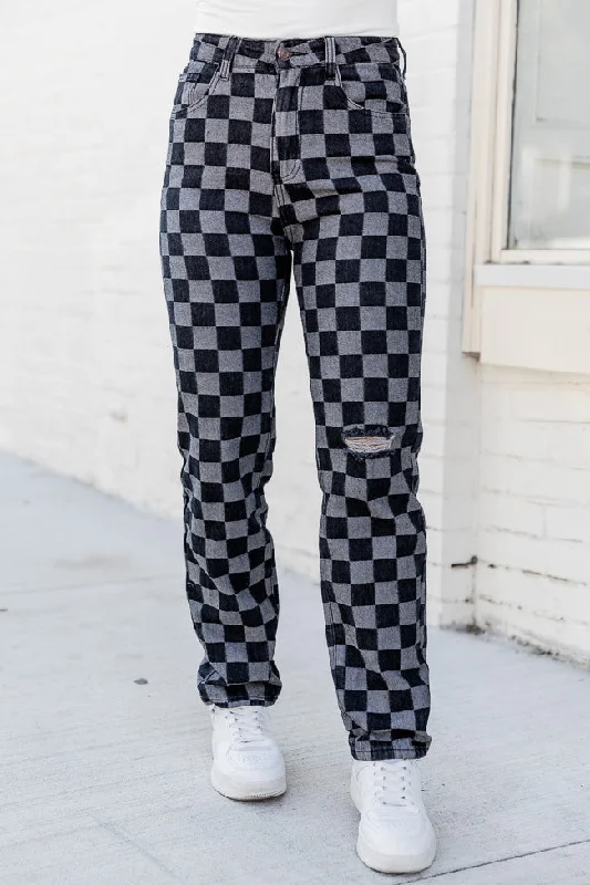 Mallory Black And Grey Checkered High Waisted Straight Leg Jeans FINAL SALE