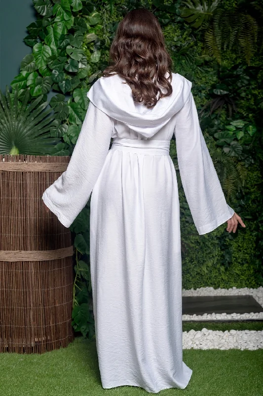 Long Linen Robe with Hood and Pockets in White