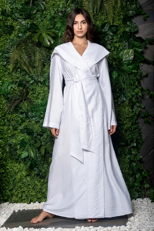 Long Linen Robe with Hood and Pockets in White