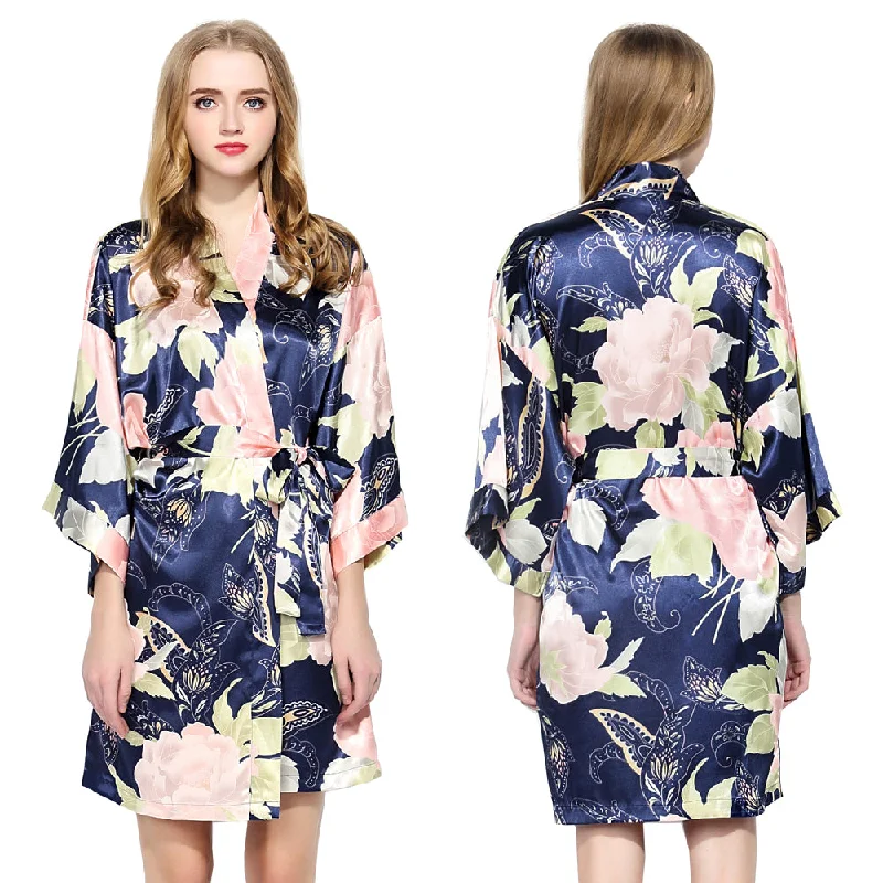 Navy Floral Satin Robe