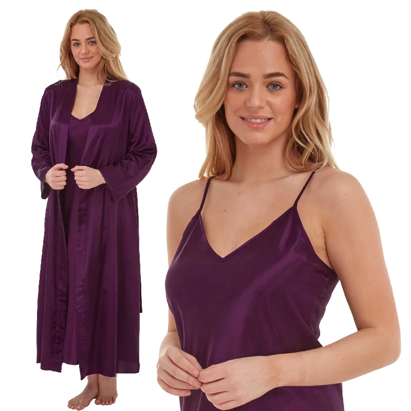 Matching Long Full Length Purple Sexy Satin Nightdress & Wrap Set Negligee Lingerie PLUS SIZE