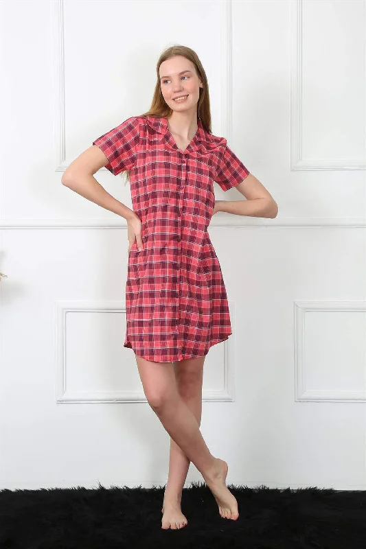 Women's Woven Fabric Front Buttoned Red Tunic Nightgown 1030