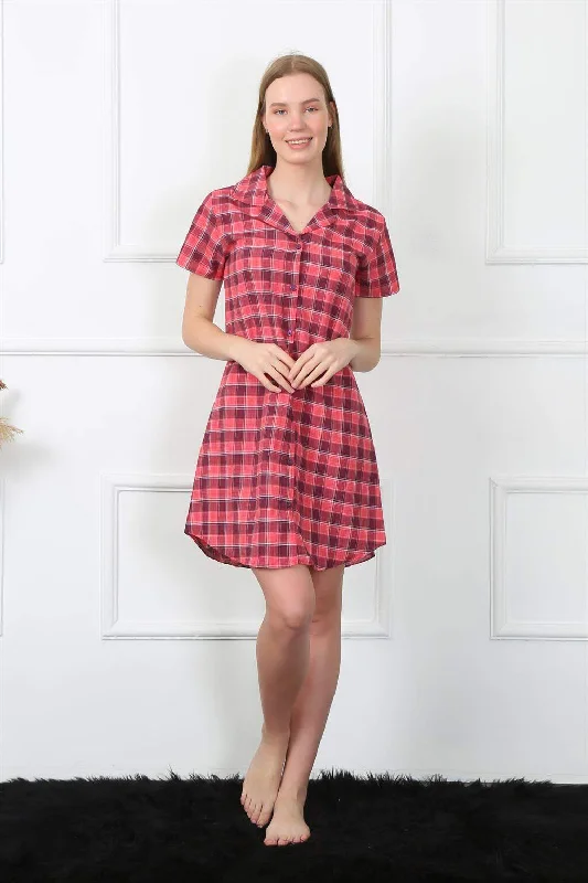 Women's Woven Fabric Front Buttoned Red Tunic Nightgown 1030