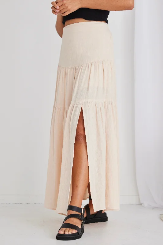 Alive Cream Muslin Elastic Back Tiered Maxi Skirt