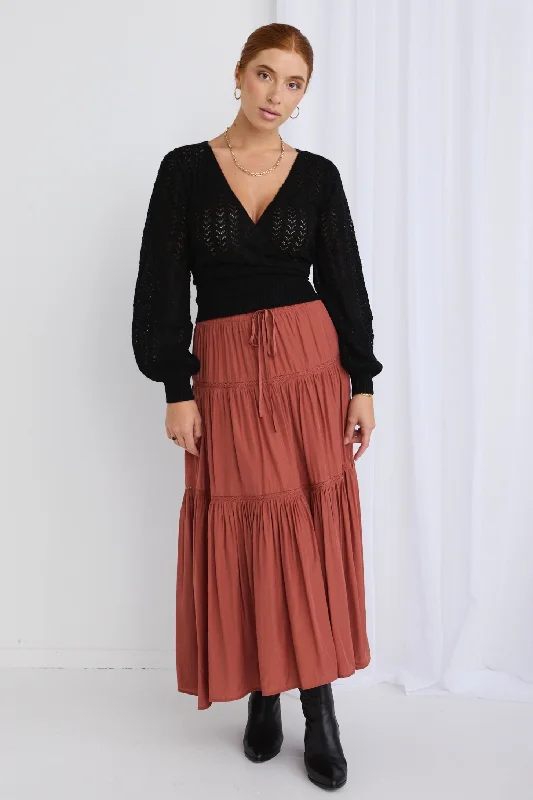 Angel Terracotta Tiered Lace Trim Maxi Skirt