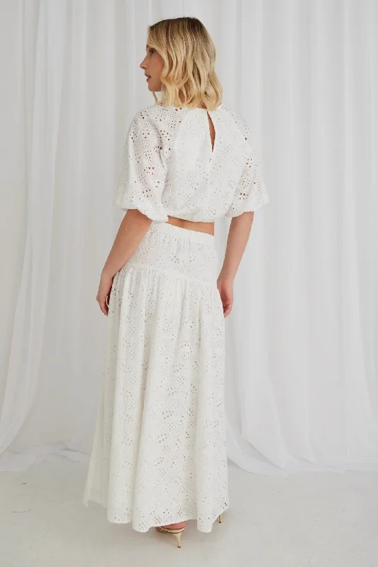 Aquarius White Broidery Anglaise Tiered Split Front Maxi Skirt