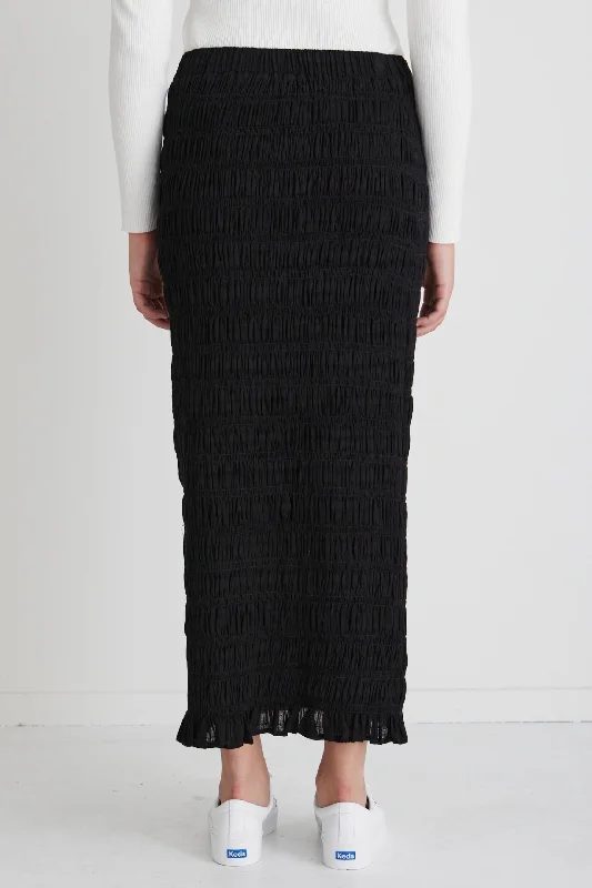 Attentive Black Linen Shirred Straight Midi Skirt