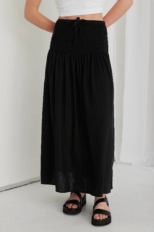 Byron Black Linen Shirred Waist Maxi Skirt