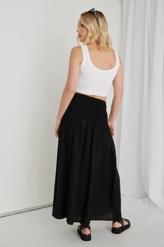 Byron Black Linen Shirred Waist Maxi Skirt