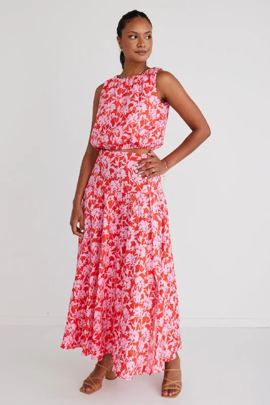 Edgy Floral Shadows Tiered Maxi Skirt