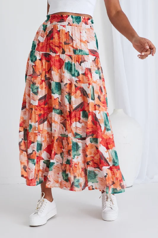 Fidel Orange Watercolour Shirred Waist Tiered Maxi Skirt