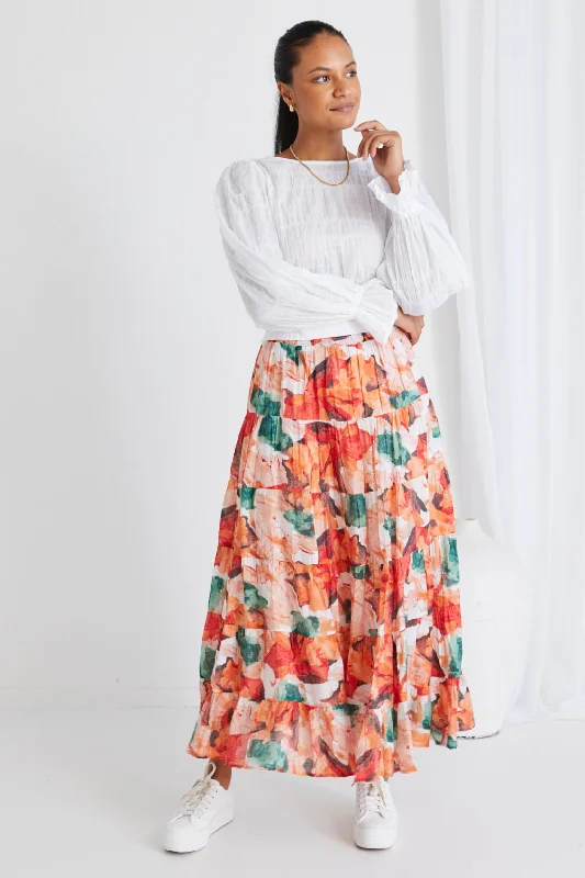 Fidel Orange Watercolour Shirred Waist Tiered Maxi Skirt