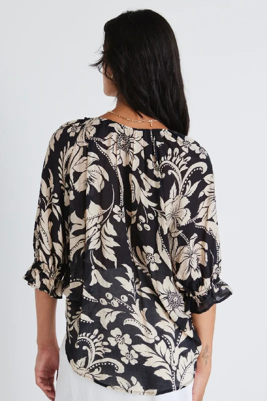 Refine Black Cream Floral Pintuck Front SS Top