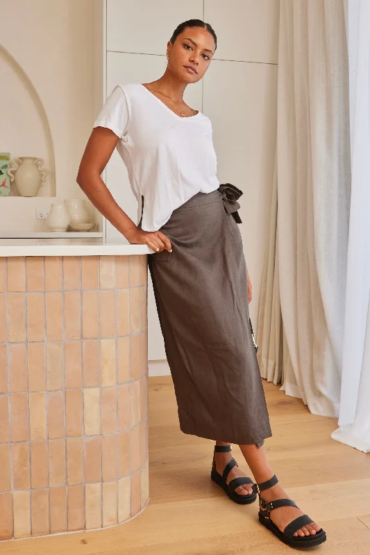 Grounded Khaki Linen Wrap Cargo Midi Skirt