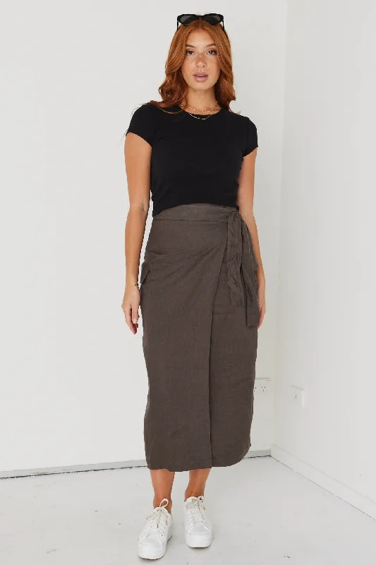 Grounded Khaki Linen Wrap Cargo Midi Skirt