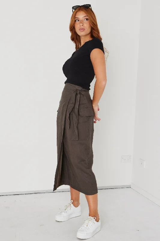 Grounded Khaki Linen Wrap Cargo Midi Skirt