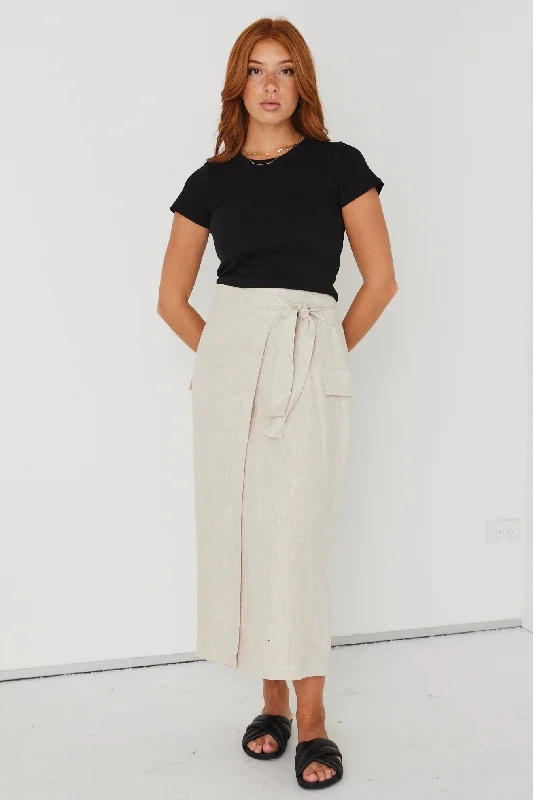 Grounded Natural Linen Wrap Cargo Midi Skirt