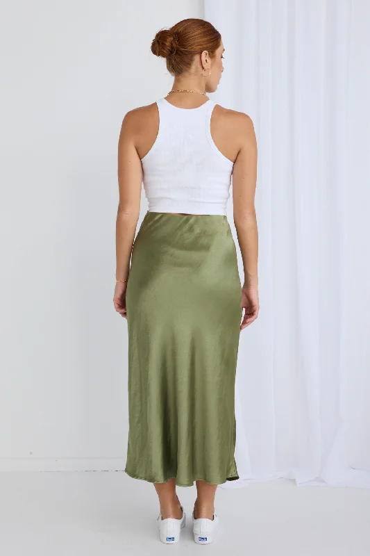 Ivy Moss Satin Bias Midi Skirt