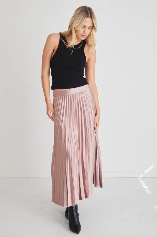 Luminescent Blush Satin Pleated Midi Skirt