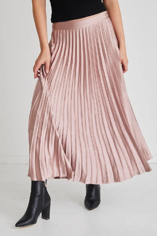 Luminescent Blush Satin Pleated Midi Skirt