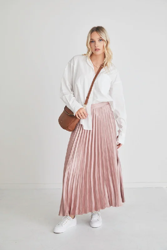 Luminescent Blush Satin Pleated Midi Skirt