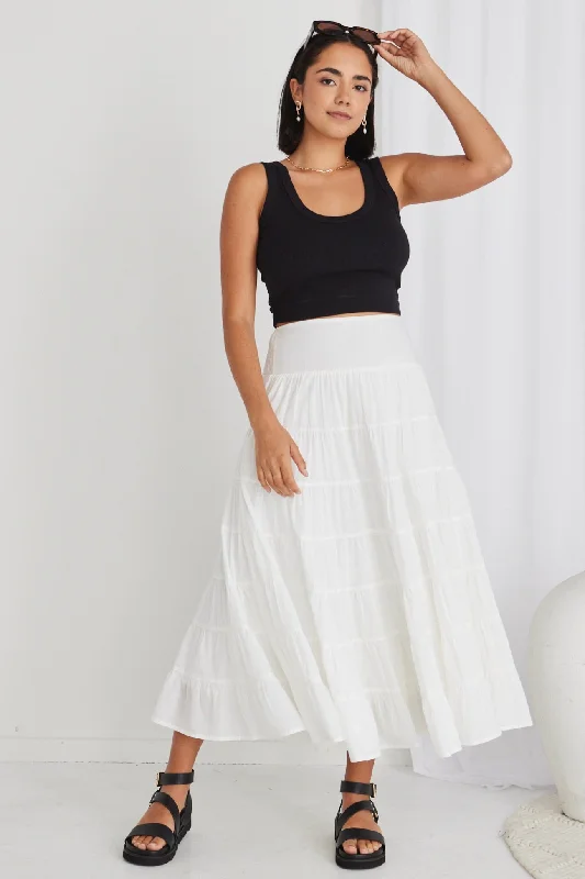 Lyrical White Cotton Voile Multi Tiered Maxi Skirt