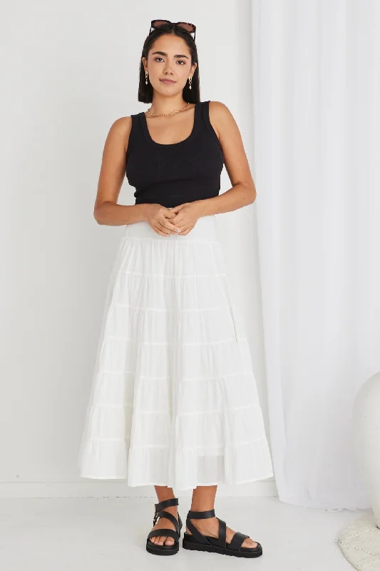 Lyrical White Cotton Voile Multi Tiered Maxi Skirt