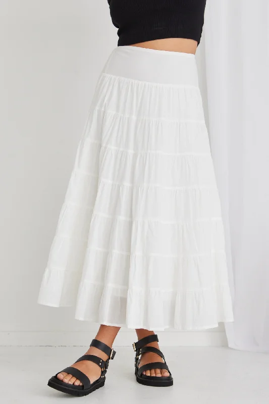 Lyrical White Cotton Voile Multi Tiered Maxi Skirt