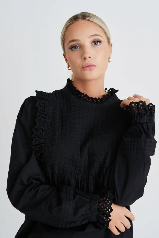 Opal Black Voile Pleat Bodice High Neck Ls Top