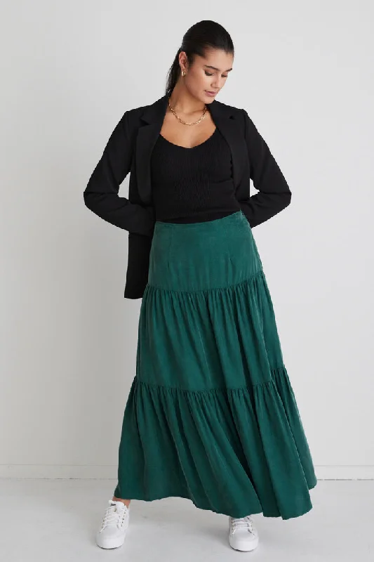 Pippa Forest Cupro Tiered Maxi Skirt