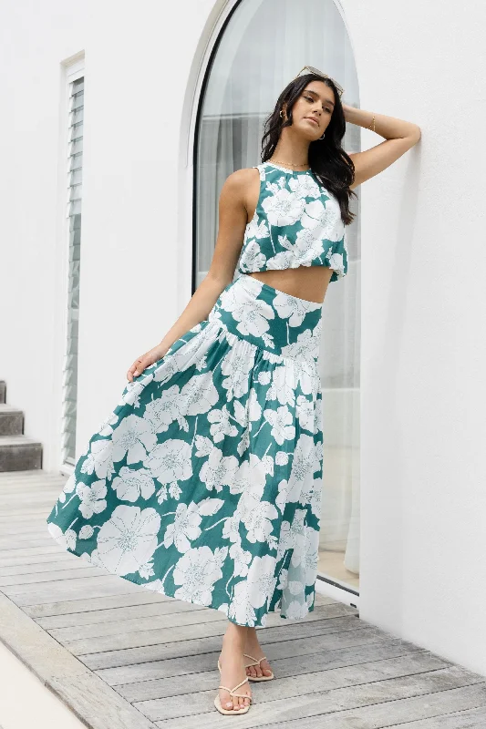 Pisces Ocean Floral Tiered Split Front Maxi Skirt