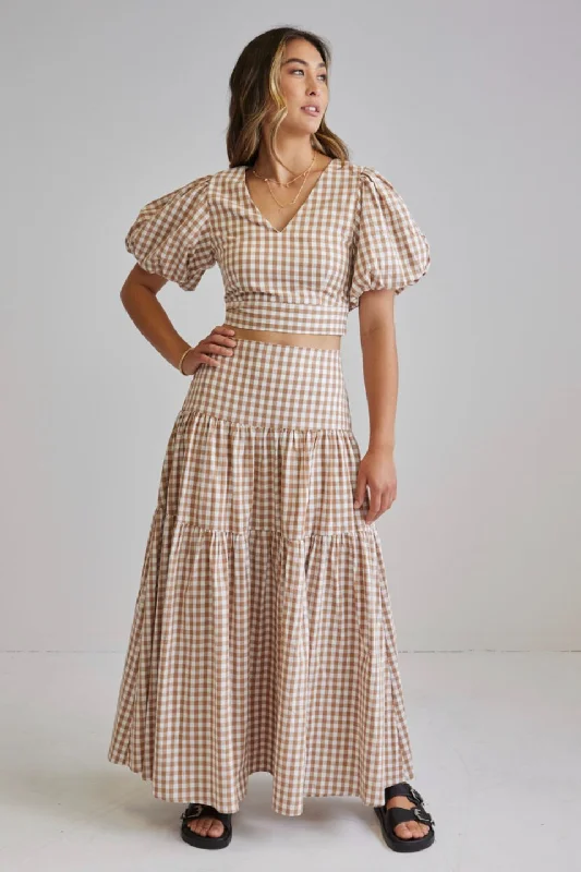 Playful Natural Gingham Tiered Maxi Skirt