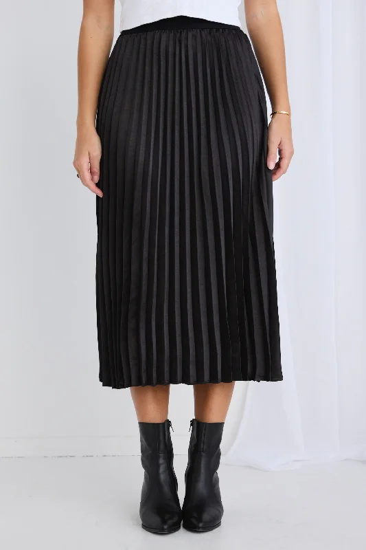 Radiant Black Washer Satin Pleated Midi Skirt